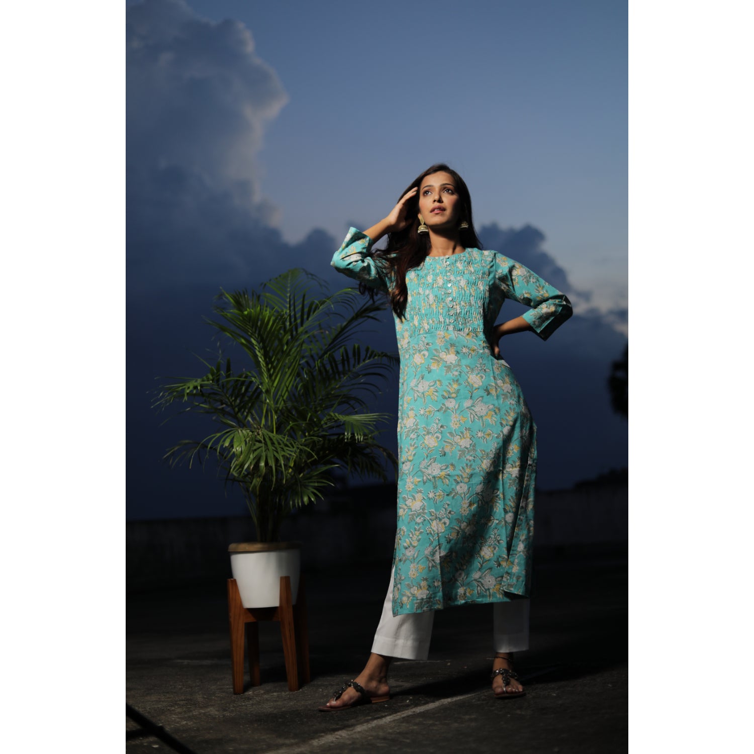 Floral Printed Green Kurta Set With Pant